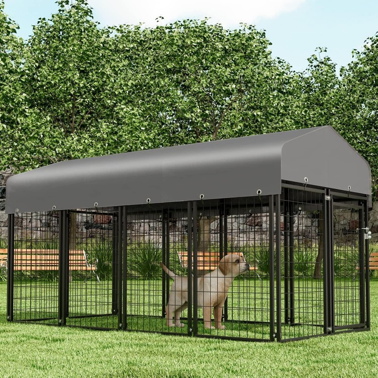 MoNiBloom Heavy Duty Outdoor Dog Run Enclosure for Small/Medium Dogs, All Weather Metal Dog Kennel with Roof and Rotating Feeding Doors, 4.6ft High Expandable Outdoor Dog Playpen Run, 14 Panels