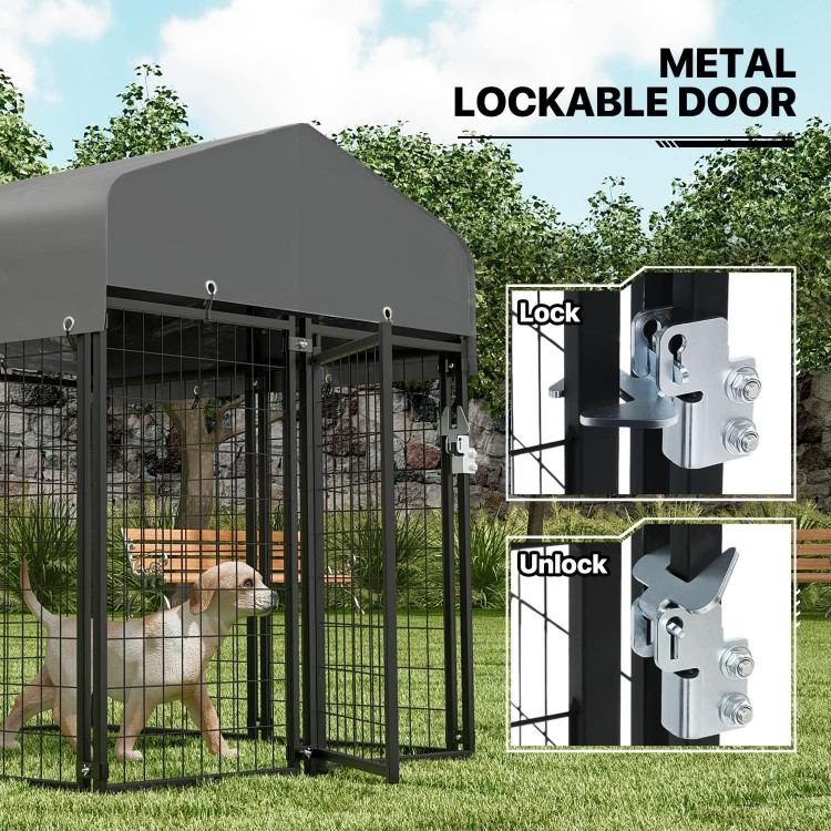 MoNiBloom Heavy Duty Outdoor Dog Run Enclosure for Small/Medium Dogs, All Weather Metal Dog Kennel with Roof and Rotating Feeding Doors, 4.6ft High Expandable Outdoor Dog Playpen Run, 14 Panels