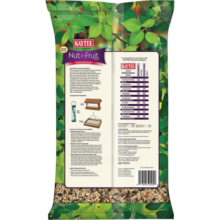 Kaytee Wild Bird Food Nut & Fruit Seed Blend For Cardinals, Chickadees, Nuthatches, Woodpeckers and Other Colorful Songbirds, 5 Pounds