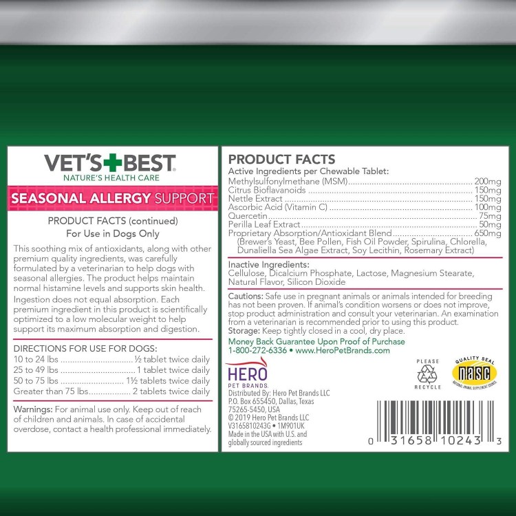 Vet's Best Vet’s Best Seasonal Allergy Relief | Dog Allergy Supplement | Relief from Dry or Itchy Skin | 60 Chewable Tablets