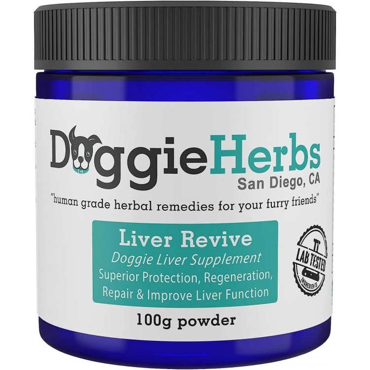 Liver Revive Dog Liver Health Supplement by Doggie Herbs - Human Grade Herbal Plant Based for Liver Healing, Protection, Repair, and Improvement 100g w/Scoop