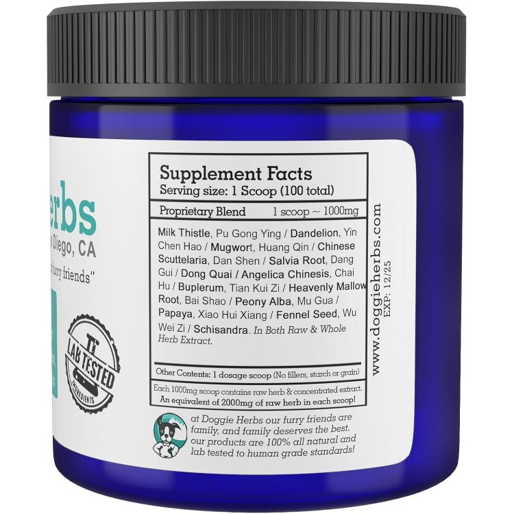 Liver Revive Dog Liver Health Supplement by Doggie Herbs - Human Grade Herbal Plant Based for Liver Healing, Protection, Repair, and Improvement 100g w/Scoop