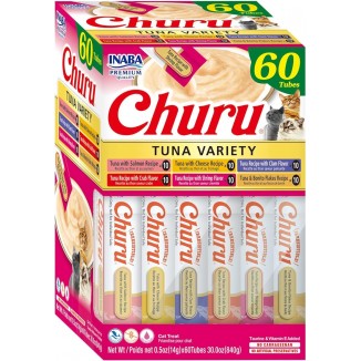 INABA Churu Cat Treats, Grain-Free, Lickable, Squeezable Creamy Purée Cat Treat/Topper, 60 Servings, Tuna Variety Box