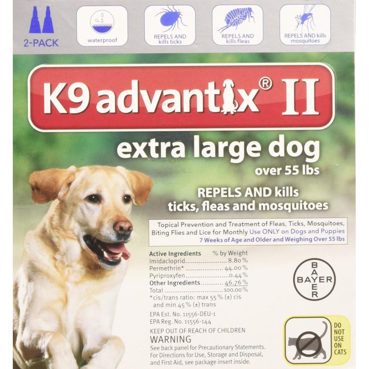 Bayer K9 Advantix II, Flea and Tick Control Treatment for Dogs, Over 55 Pound, 2-Month Supply