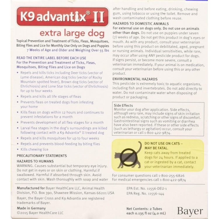 Bayer K9 Advantix II, Flea and Tick Control Treatment for Dogs, Over 55 Pound, 2-Month Supply