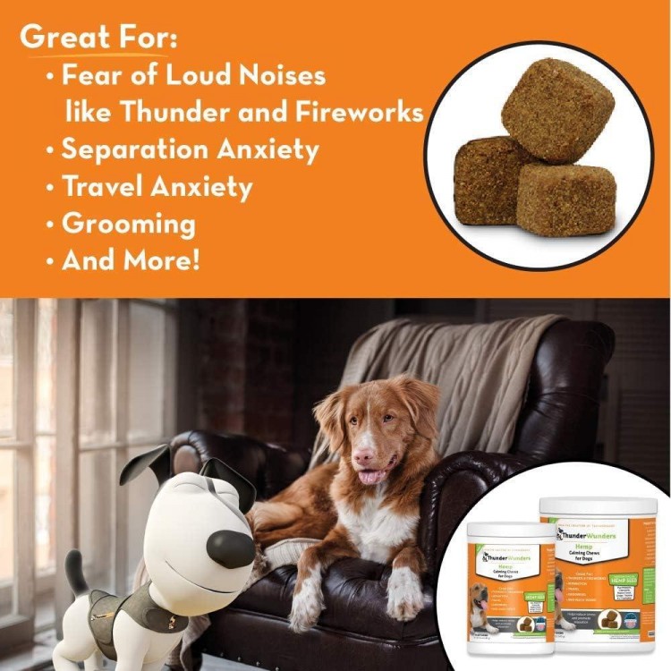 ThunderWunders Hemp Dog Calming Chews | Vet Recommended for Situational Anxiety | Fireworks, Thunderstorms, Travel & More | Made with Hemp Seed, Thiamine, L-Tryptophan, Melatonin & Ginger (60 Count)