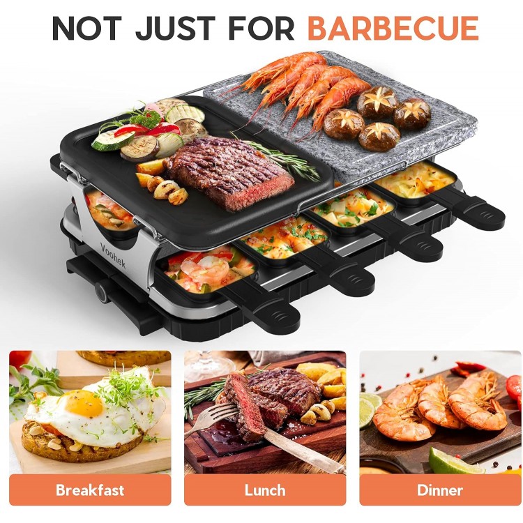 Voohek Korean BBQ Grill Raclette Table Grill Hibachi Electric Indoor Grill 2 in 1 Non-stick Grilling Plate and Natural Cooking Stone Adjustable Temperature 8 Raclette Pans 8 Wooden Spatulas 1300W