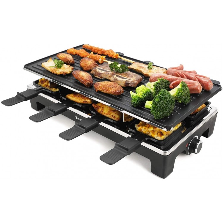 Raclette Grill, Techwood Electric Table Indoor Grill Korean BBQ Grill, Removable 2-in-1 Non-Stick Grill Plate, 1500W Fast Heating with 8 Cheese Melt Pans, Ideal for Parties and Family Fun