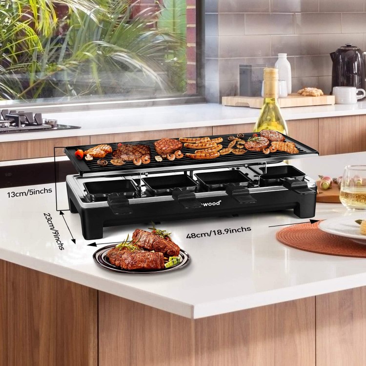 Raclette Grill, Techwood Electric Table Indoor Grill Korean BBQ Grill, Removable 2-in-1 Non-Stick Grill Plate, 1500W Fast Heating with 8 Cheese Melt Pans, Ideal for Parties and Family Fun