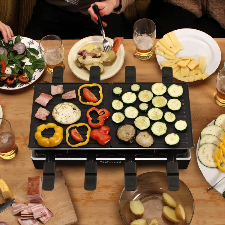 Raclette Grill, Techwood Electric Table Indoor Grill Korean BBQ Grill, Removable 2-in-1 Non-Stick Grill Plate, 1500W Fast Heating with 8 Cheese Melt Pans, Ideal for Parties and Family Fun