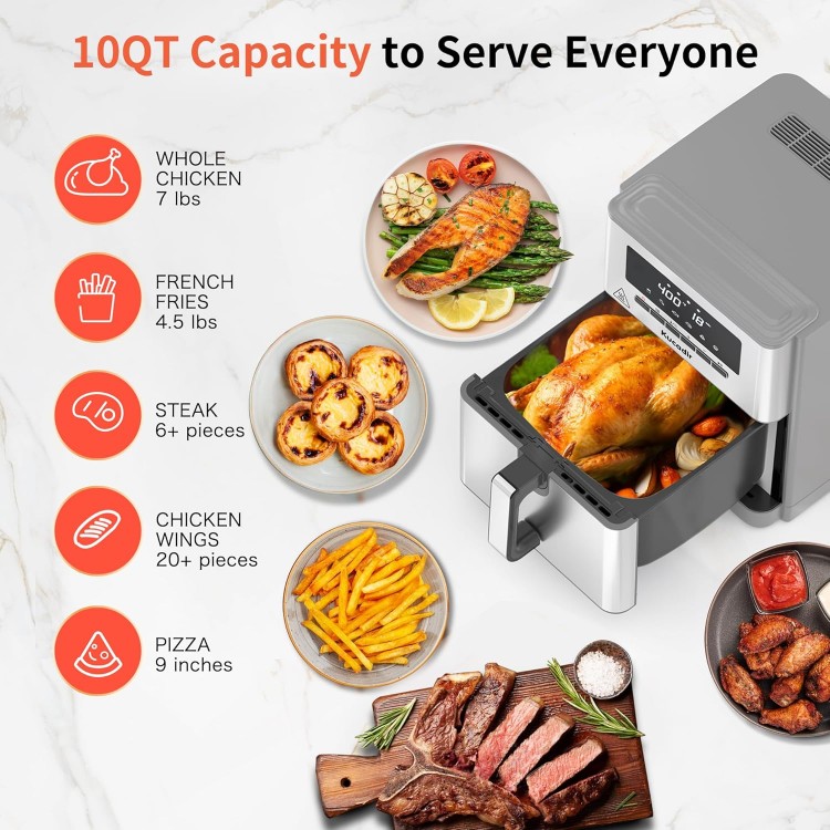 Air Fryer 10 Quart, Large Air Fryer for Families, 6 Cooking Functions AirFryer, 400°F Temp Controls in 5° Increments, Ceramic Coated Nonstick Basket and Crisper Plate, Dishwasher-Safe, 1700W, Grey