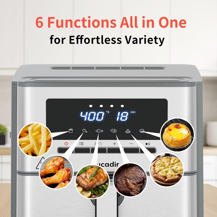 Air Fryer 10 Quart, Large Air Fryer for Families, 6 Cooking Functions AirFryer, 400°F Temp Controls in 5° Increments, Ceramic Coated Nonstick Basket and Crisper Plate, Dishwasher-Safe, 1700W, Grey