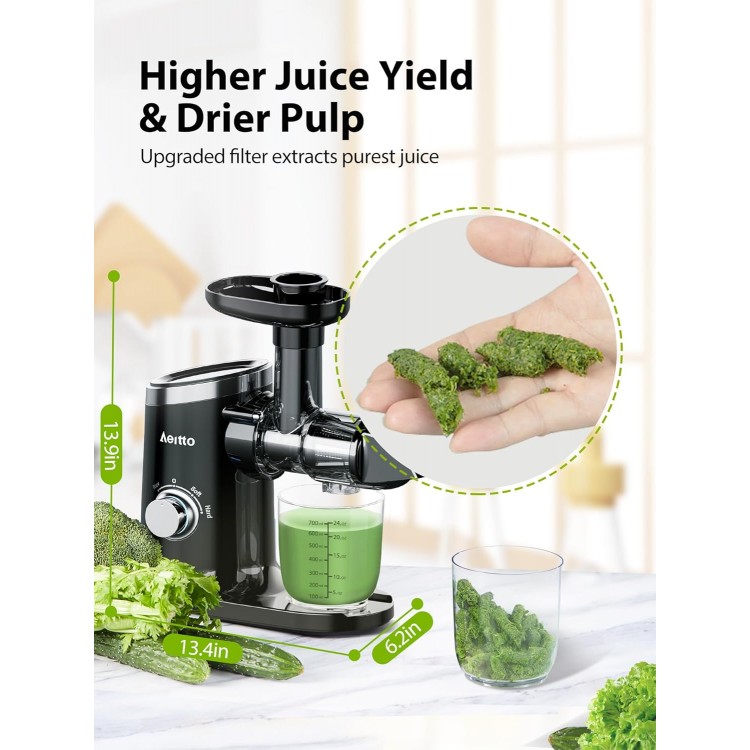 Aeitto Juicer Machines, Quiet Motor Juicer, Cold Press Juicer, Masticating Juicer, Celery Juicers, with Triple Modes,Reverse Function,Easy to Clean with Brush, Recipe for Vegetables And Fruits, Black