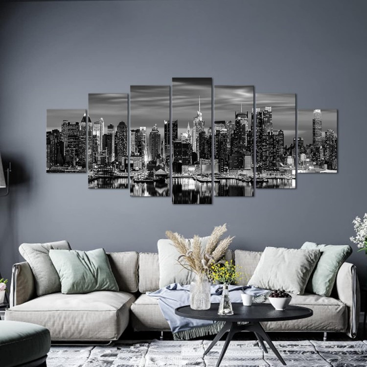 LevvArts Huge 7 Pieces New York City Canvas Wall Art Manhattan Skyline Night View Picture Painting Modern Black and White City Poster Prints for Home Office Living Room Wall Decoration (Black)