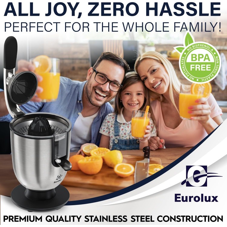 Eurolux Premium Electric Orange Juicer | Stainless Steel Citrus Squeezer With New Ultra-Powerful Motor and Soft Grip Handle for Effortless Juicing, Auto Shutoff, Dishwasher-safe Parts, Pulp Control