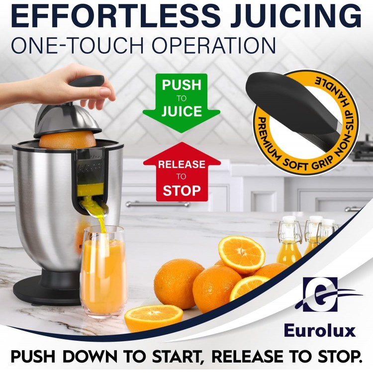 Eurolux Premium Electric Orange Juicer | Stainless Steel Citrus Squeezer With New Ultra-Powerful Motor and Soft Grip Handle for Effortless Juicing, Auto Shutoff, Dishwasher-safe Parts, Pulp Control