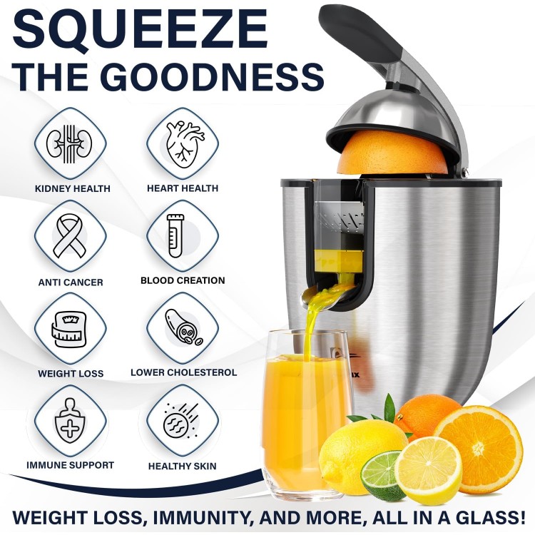 Eurolux Premium Electric Orange Juicer | Stainless Steel Citrus Squeezer With New Ultra-Powerful Motor and Soft Grip Handle for Effortless Juicing, Auto Shutoff, Dishwasher-safe Parts, Pulp Control