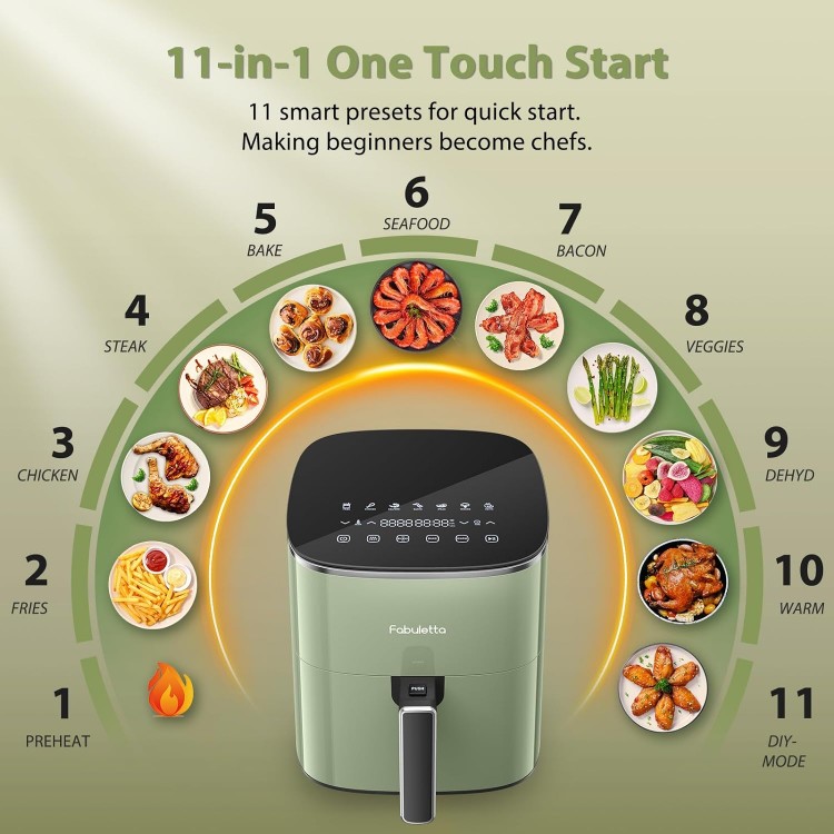 FABULETTA Air Fryer, 6 Quart Airfryer, Green Air Fryers, 450F Max Crisp, 11-in-1 Functionality, Nonstick Basket, Diswasher Safe, Shake Reminder