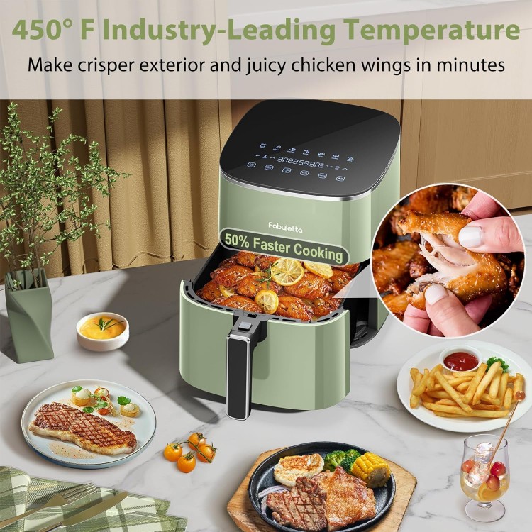 FABULETTA Air Fryer, 6 Quart Airfryer, Green Air Fryers, 450F Max Crisp, 11-in-1 Functionality, Nonstick Basket, Diswasher Safe, Shake Reminder