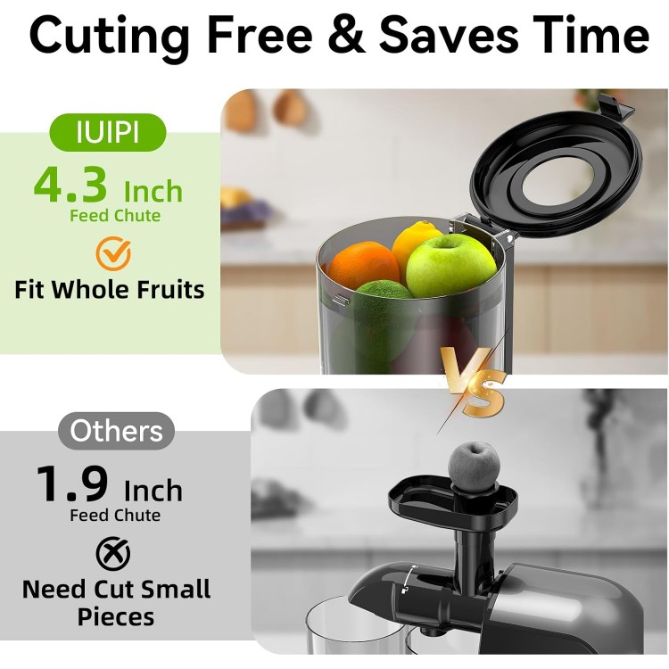 IUIPI Cold Press Juicer, Fit Whole Fruit and Vegetable Slow Masticating Juicer Machines, 4.3'' Large Feed Chute, 250W Juice Extractor Machine, High Juice Yield, BPA Free, Easy to Clean with Brush