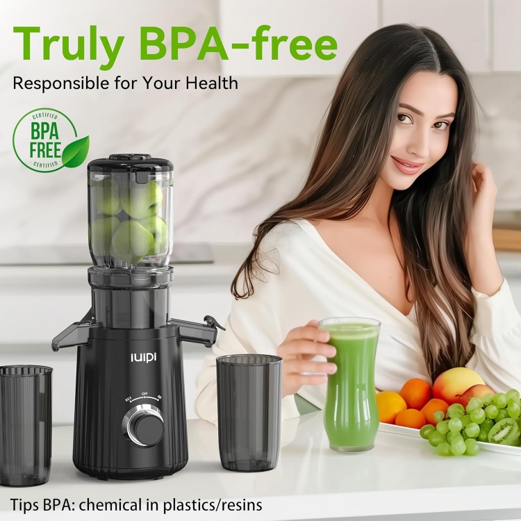 IUIPI Cold Press Juicer, Fit Whole Fruit and Vegetable Slow Masticating Juicer Machines, 4.3'' Large Feed Chute, 250W Juice Extractor Machine, High Juice Yield, BPA Free, Easy to Clean with Brush