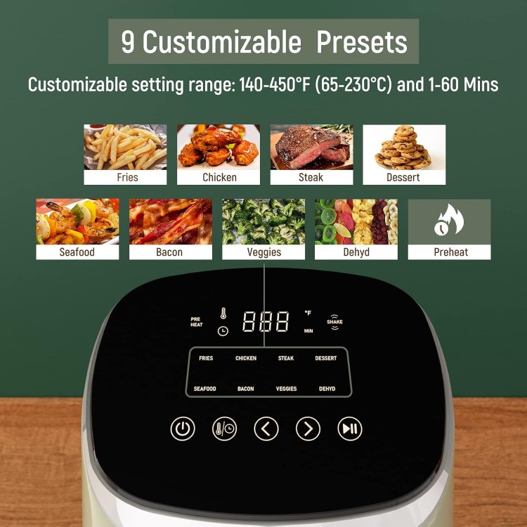 Air Fryer, Fabuletta 9 Customizable Smart Cooking Programs Compact 4QT Air Fryers, Shake Reminder, 450°F Digital Airfryer,Tempered Glass Display, Dishwasher-Safe, Fit for 2-4 People