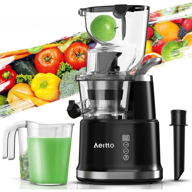 Aeitto Cold Press Juicer, Juicer Machines with 3.3 Large Feed Chute,Large Capacity,High Juice Yield,Slow Masticating Juicer for Fruits and Vegetables, Self Feeding for Juice Extractor,BPA-Free,Black