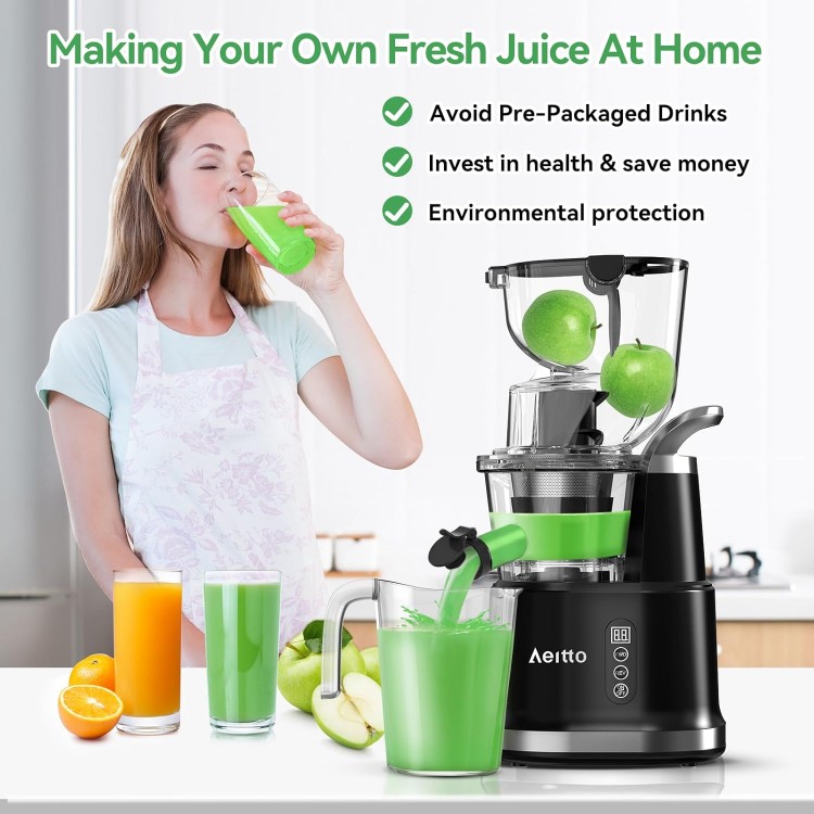 Aeitto Cold Press Juicer, Juicer Machines with 3.3 Large Feed Chute,Large Capacity,High Juice Yield,Slow Masticating Juicer for Fruits and Vegetables, Self Feeding for Juice Extractor,BPA-Free,Black