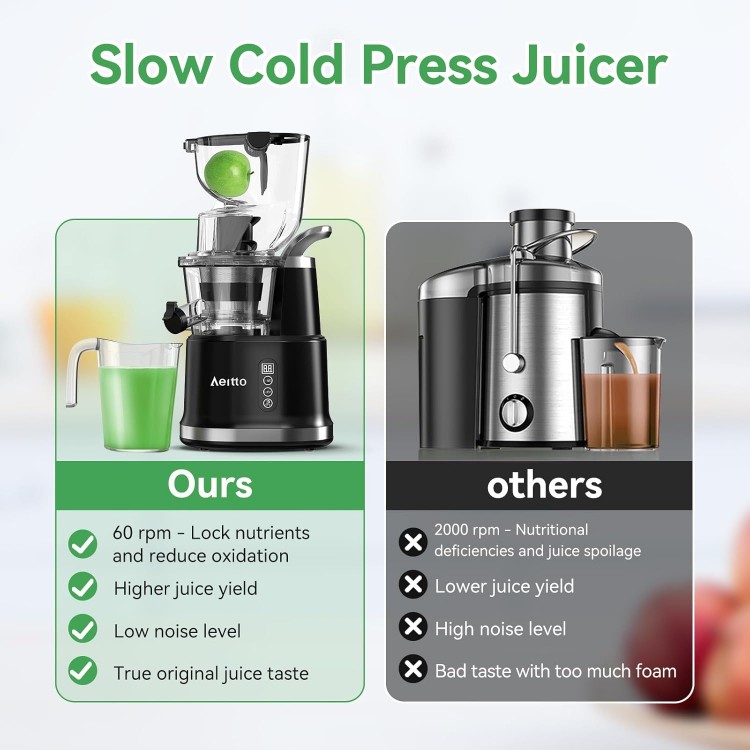 Aeitto Cold Press Juicer, Juicer Machines with 3.3 Large Feed Chute,Large Capacity,High Juice Yield,Slow Masticating Juicer for Fruits and Vegetables, Self Feeding for Juice Extractor,BPA-Free,Black