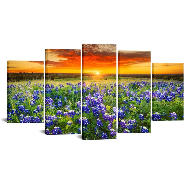 Nachic Wall Large 5 Piece Sunset Picture Wall Art Beautiful Texas Bluebonnets Field Photo Painting on Canvas Modern Natural Landscape Poster Artwork for Home Living Room Decorations Ready to Hang