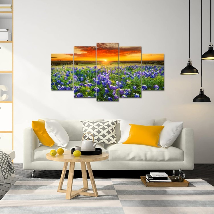 Nachic Wall Large 5 Piece Sunset Picture Wall Art Beautiful Texas Bluebonnets Field Photo Painting on Canvas Modern Natural Landscape Poster Artwork for Home Living Room Decorations Ready to Hang