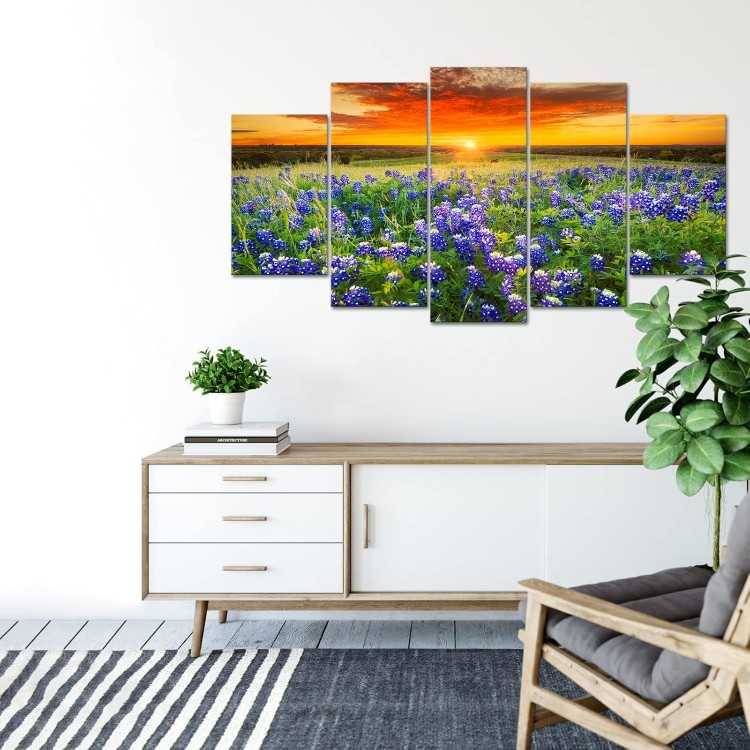 Nachic Wall Large 5 Piece Sunset Picture Wall Art Beautiful Texas Bluebonnets Field Photo Painting on Canvas Modern Natural Landscape Poster Artwork for Home Living Room Decorations Ready to Hang