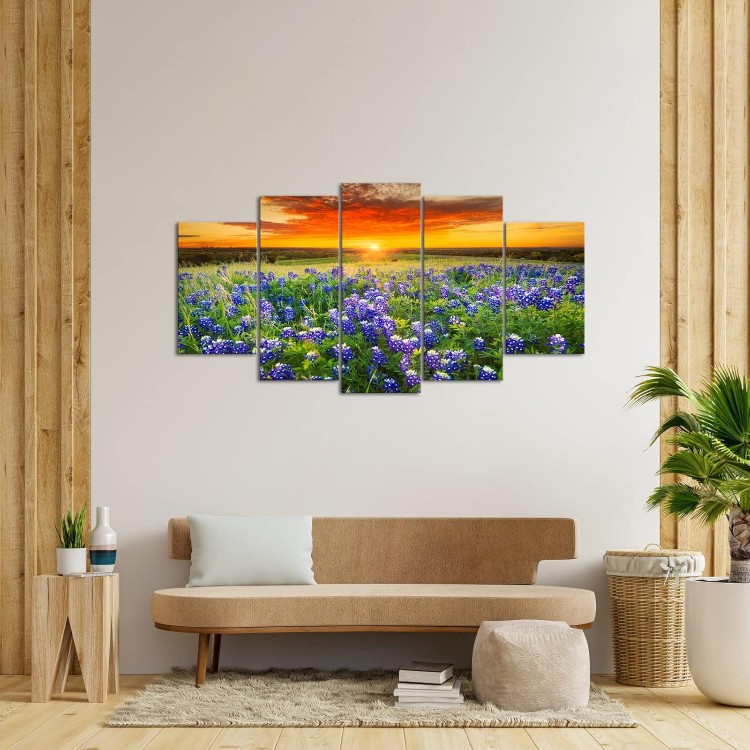 Nachic Wall Large 5 Piece Sunset Picture Wall Art Beautiful Texas Bluebonnets Field Photo Painting on Canvas Modern Natural Landscape Poster Artwork for Home Living Room Decorations Ready to Hang