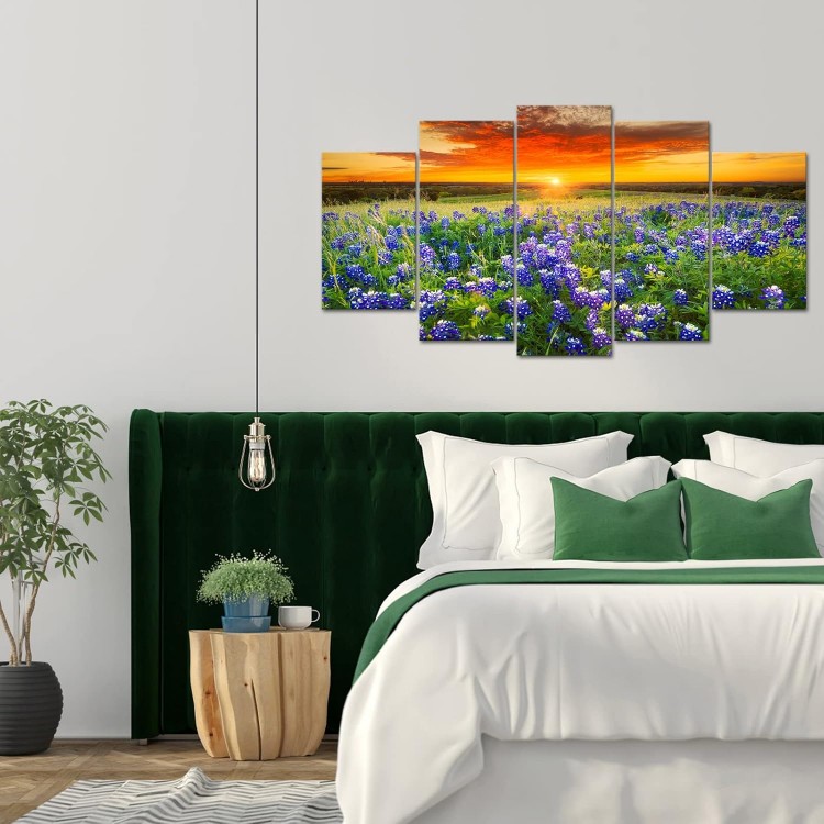 Nachic Wall Large 5 Piece Sunset Picture Wall Art Beautiful Texas Bluebonnets Field Photo Painting on Canvas Modern Natural Landscape Poster Artwork for Home Living Room Decorations Ready to Hang