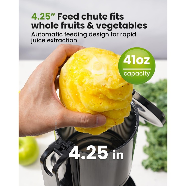 GDOR Cold Press Juicer with 4.25'' Feed Chute, Masticating Juicer Machines Fits Whole Fruits and Vegetables, Self Feeding Slow Juicer with Low Noise, Easy to Clean, Silver