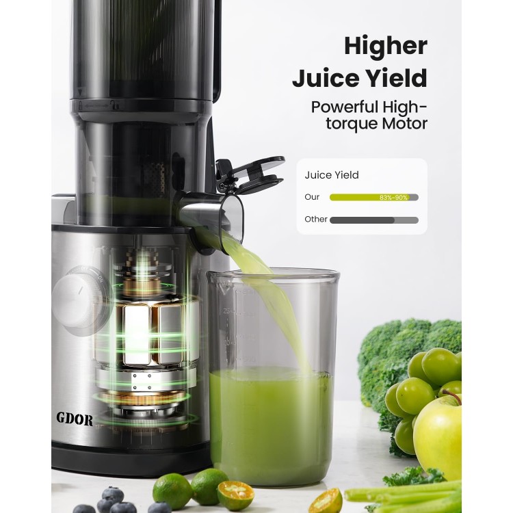 GDOR Cold Press Juicer with 4.25'' Feed Chute, Masticating Juicer Machines Fits Whole Fruits and Vegetables, Self Feeding Slow Juicer with Low Noise, Easy to Clean, Silver