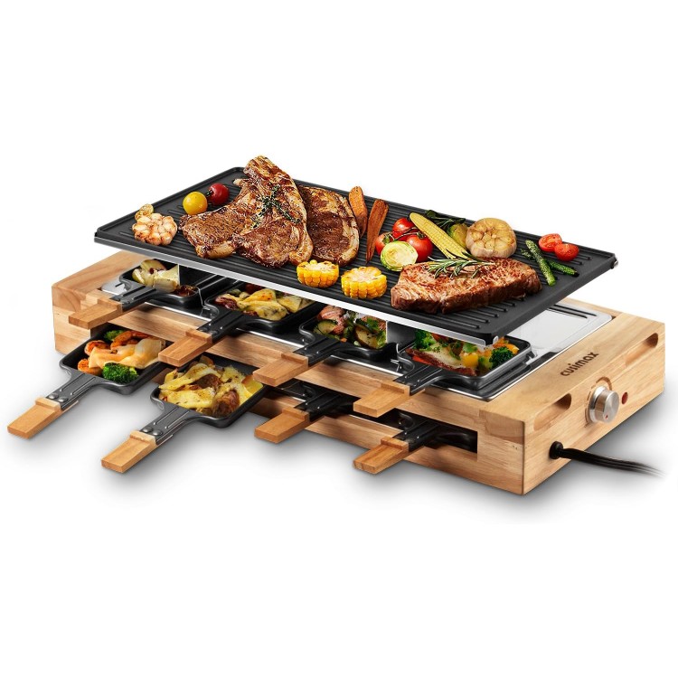 Indoor Grill, CUSIMAX Raclette Table Grill, 1500W Electric Grill Korean BBQ Grill with 2 in 1 Reversible Non-stick Plate/Wooden Base, Party Grill with 8 Trays & Wooden Spatulas, New Model