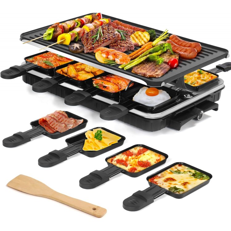 Raclette Table Grill Electric Griddle Indoor Grill Korean BBQ Grill, 2 in 1 Electric Griddle Nonstick with 8 Raclette Cheese Pans Adjustable Temperature Control 1300W Ideal for Family and Party Fun