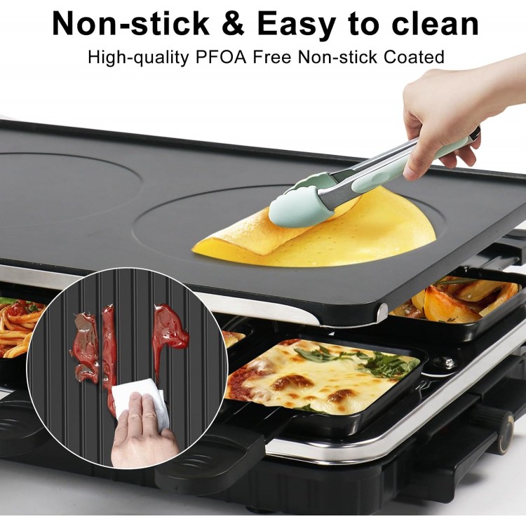 Raclette Table Grill Electric Griddle Indoor Grill Korean BBQ Grill, 2 in 1 Electric Griddle Nonstick with 8 Raclette Cheese Pans Adjustable Temperature Control 1300W Ideal for Family and Party Fun