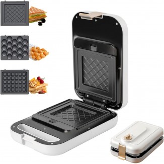 White 3 in 1 timing Sandwich Maker with Non-Stick Plates Indicator Lights and Lock Feature 600W Electric Panini Press, Pizza Pockets, Quesadillas, Waffle Breakfast Grilled Cheese Egg Bacon