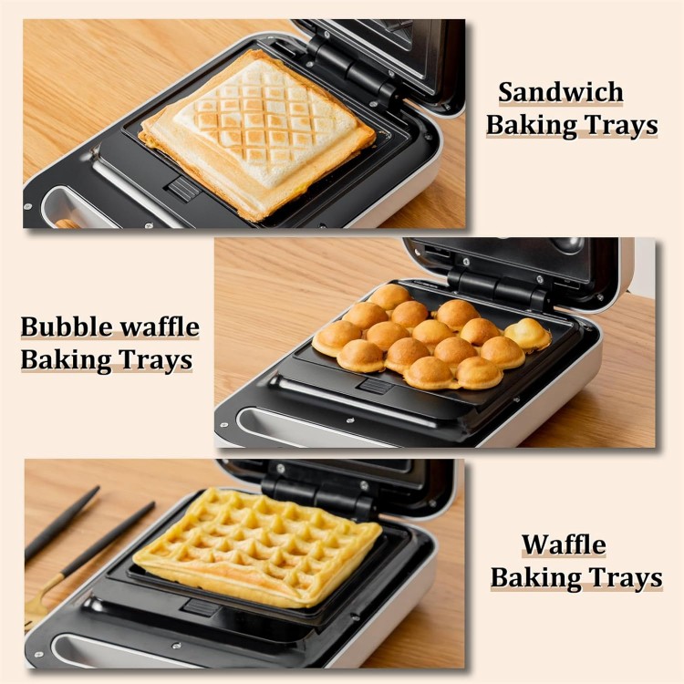 White 3 in 1 timing Sandwich Maker with Non-Stick Plates Indicator Lights and Lock Feature 600W Electric Panini Press, Pizza Pockets, Quesadillas, Waffle Breakfast Grilled Cheese Egg Bacon