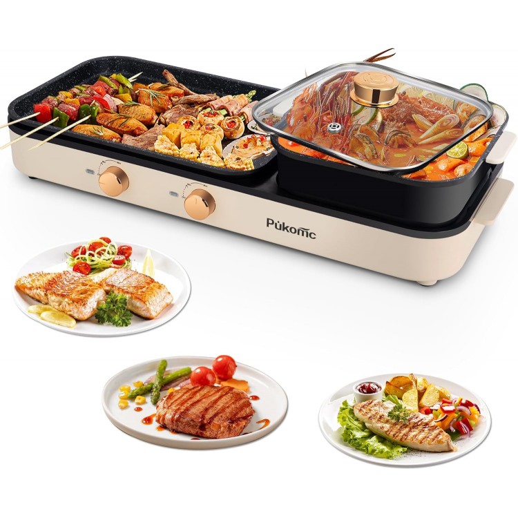 Hot Pot with Grill, Korean BBQ Grill 2 in 1 Hotpot Pot Electric, 1500W Non-Stick Cooking Removable Plate, Temperature Control for Indoor Grill for Korean BBQ, Hot Pot and Soup