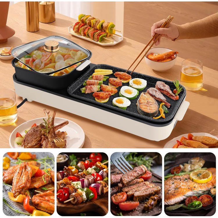 Hot Pot with Grill, Korean BBQ Grill 2 in 1 Hotpot Pot Electric, 1500W Non-Stick Cooking Removable Plate, Temperature Control for Indoor Grill for Korean BBQ, Hot Pot and Soup