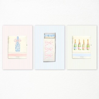 3 Piece Grandmillenial Bow Matchbox Print Poster, Trendy Aesthetic Matchbook Canvas Wall Art, Preppy Matches Poster, Colorful Coquette Champagne Picture, College Dorm Wall Decor 16x24in Unframed