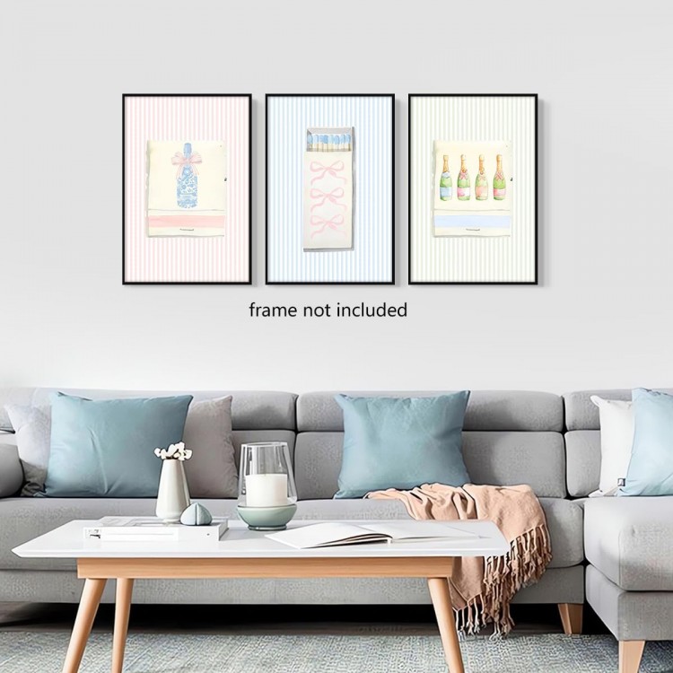 3 Piece Grandmillenial Bow Matchbox Print Poster, Trendy Aesthetic Matchbook Canvas Wall Art, Preppy Matches Poster, Colorful Coquette Champagne Picture, College Dorm Wall Decor 16x24in Unframed