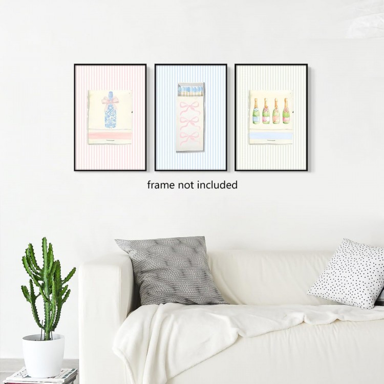 3 Piece Grandmillenial Bow Matchbox Print Poster, Trendy Aesthetic Matchbook Canvas Wall Art, Preppy Matches Poster, Colorful Coquette Champagne Picture, College Dorm Wall Decor 16x24in Unframed