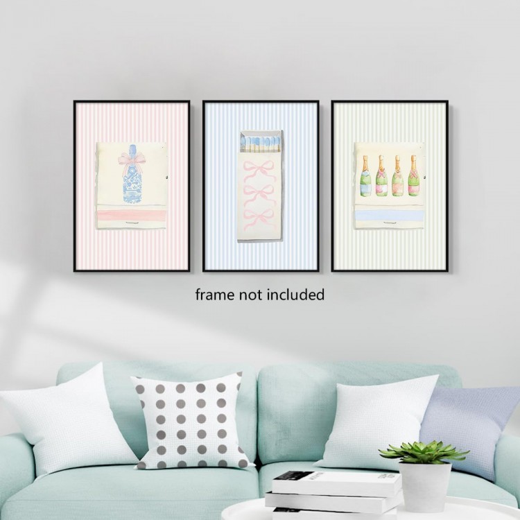 3 Piece Grandmillenial Bow Matchbox Print Poster, Trendy Aesthetic Matchbook Canvas Wall Art, Preppy Matches Poster, Colorful Coquette Champagne Picture, College Dorm Wall Decor 16x24in Unframed