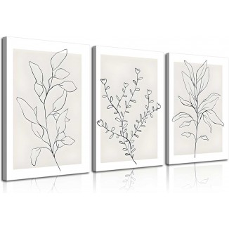 3Pcs Framed Neutral Botanical Wall Art Minimalist Abstract Botanical Line Canvas Posters Prints Modern Beige Boho Plant Paintings Wall Decor Pictures for Bedroom Living Room Home Decoration