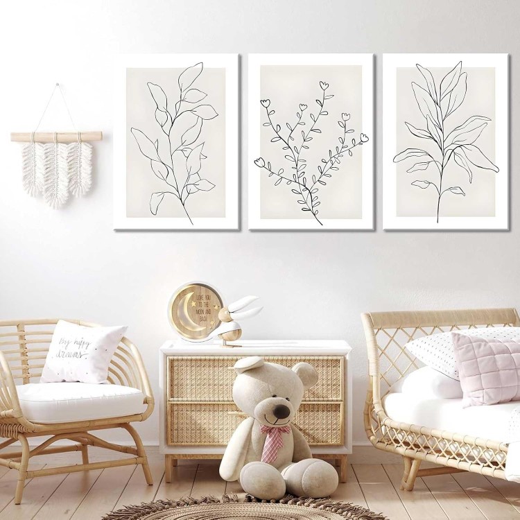 3Pcs Framed Neutral Botanical Wall Art Minimalist Abstract Botanical Line Canvas Posters Prints Modern Beige Boho Plant Paintings Wall Decor Pictures for Bedroom Living Room Home Decoration