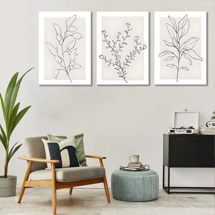 3Pcs Framed Neutral Botanical Wall Art Minimalist Abstract Botanical Line Canvas Posters Prints Modern Beige Boho Plant Paintings Wall Decor Pictures for Bedroom Living Room Home Decoration